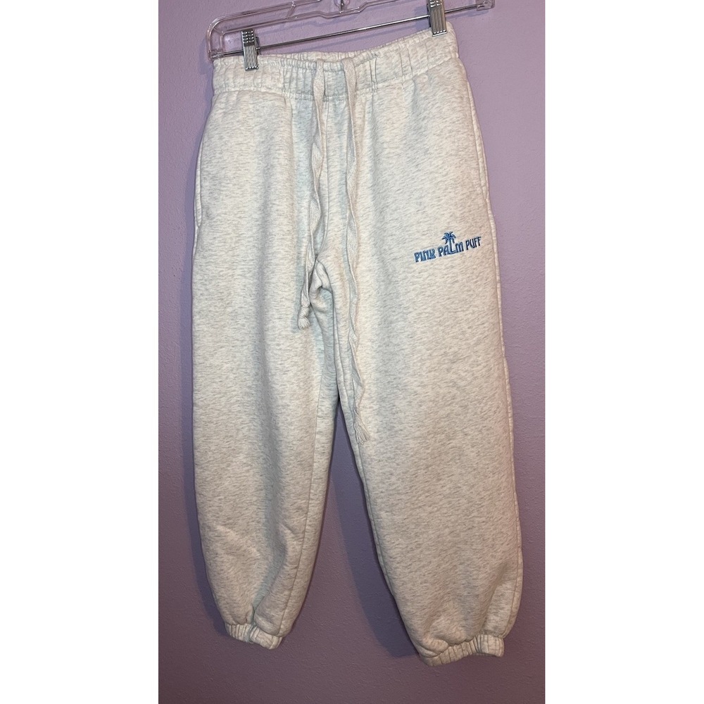 Pink Palm Puff Heather White Grey Fleece Sweatpants Joggers Embroidered Size XS